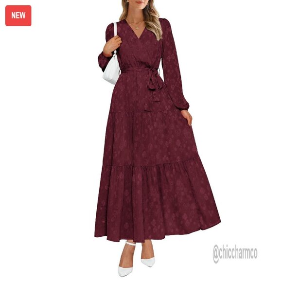 Long Sleeve Wrap V Neck Ruffle Floral Maxi Dress Tie Waist Chiffon